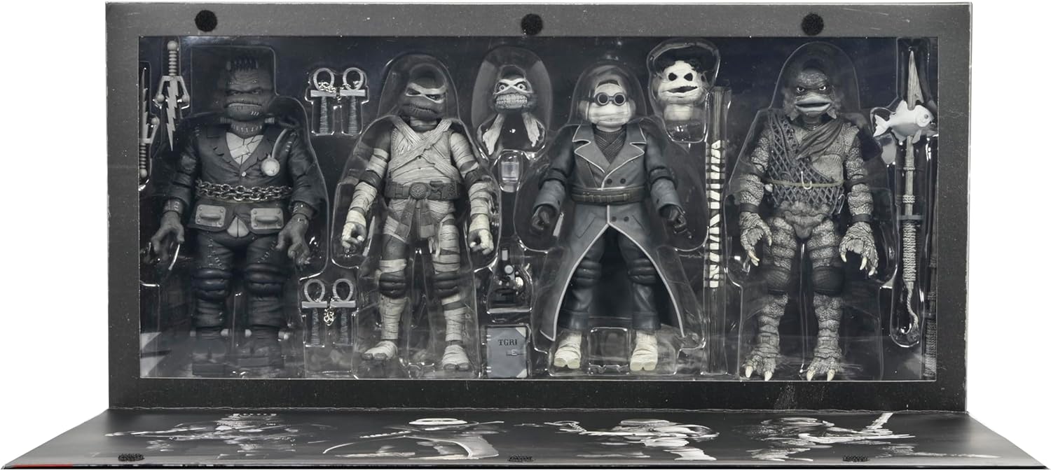 NECA - Monstruos universales/Tortugas Ninja Mutantes Adolescentes - Figura de acción a escala de 7 pulgadas - Paquete de 4 tortugas en blanco y negro