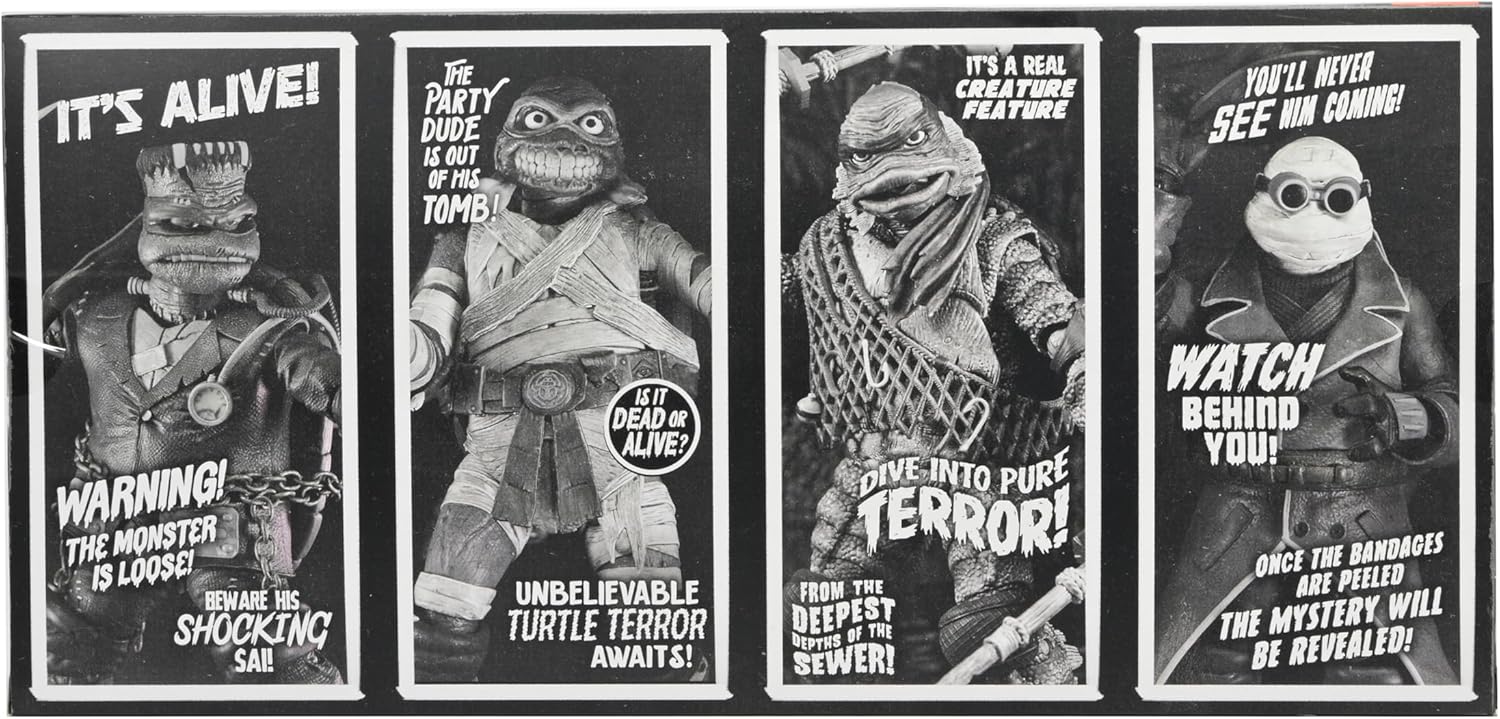 NECA - Monstruos universales/Tortugas Ninja Mutantes Adolescentes - Figura de acción a escala de 7 pulgadas - Paquete de 4 tortugas en blanco y negro
