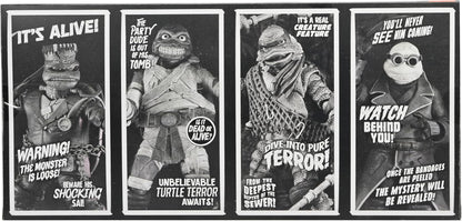 NECA - Monstruos universales/Tortugas Ninja Mutantes Adolescentes - Figura de acción a escala de 7 pulgadas - Paquete de 4 tortugas en blanco y negro