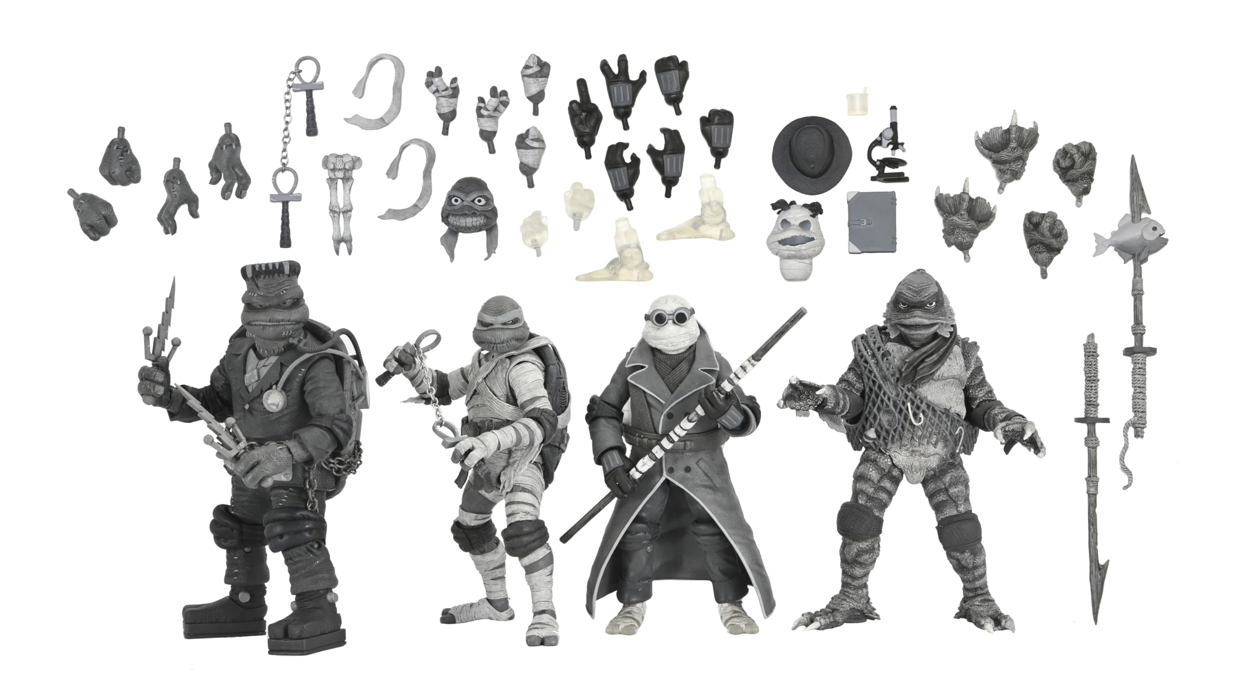 NECA - Monstruos universales/Tortugas Ninja Mutantes Adolescentes - Figura de acción a escala de 7 pulgadas - Paquete de 4 tortugas en blanco y negro