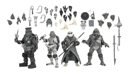 NECA - Monstruos universales/Tortugas Ninja Mutantes Adolescentes - Figura de acción a escala de 7 pulgadas - Paquete de 4 tortugas en blanco y negro