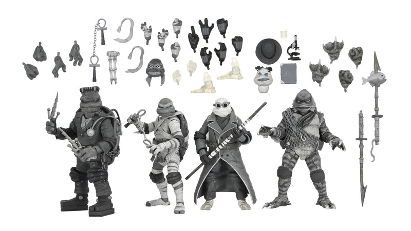 NECA - Monstruos universales/Tortugas Ninja Mutantes Adolescentes - Figura de acción a escala de 7 pulgadas - Paquete de 4 tortugas en blanco y negro