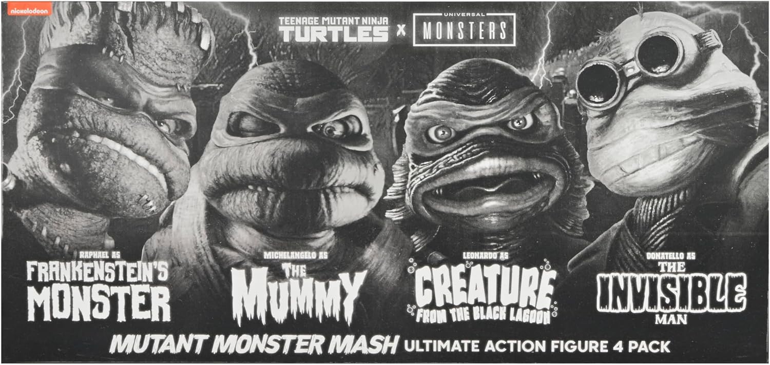 NECA - Monstruos universales/Tortugas Ninja Mutantes Adolescentes - Figura de acción a escala de 7 pulgadas - Paquete de 4 tortugas en blanco y negro