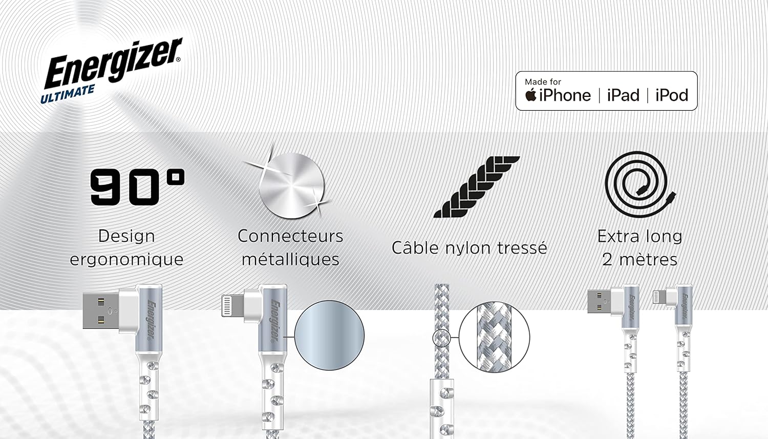 Energizer CABLE 90° LIGHTNING/USB-A - 2M