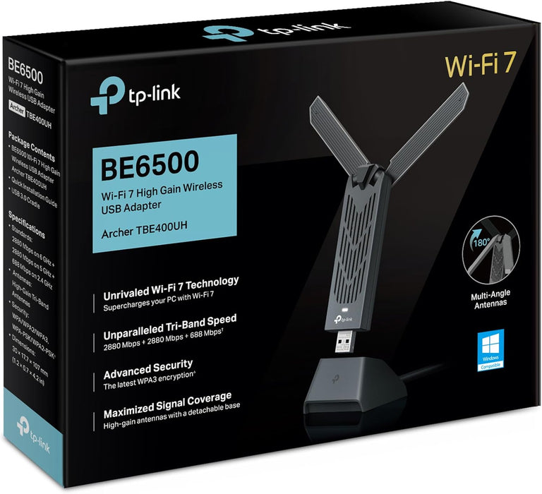 BE6500 Wi-Fi 7 High Gain Wireless USB Adapter, Tri-Band, MLO, Broader Coverage,OFDMA, MU-MIMO and Multi-RU, Data transfers of up to 4.8Gbps with USB 3.0, Flexible & Easy Installation (Archer TBE400UH