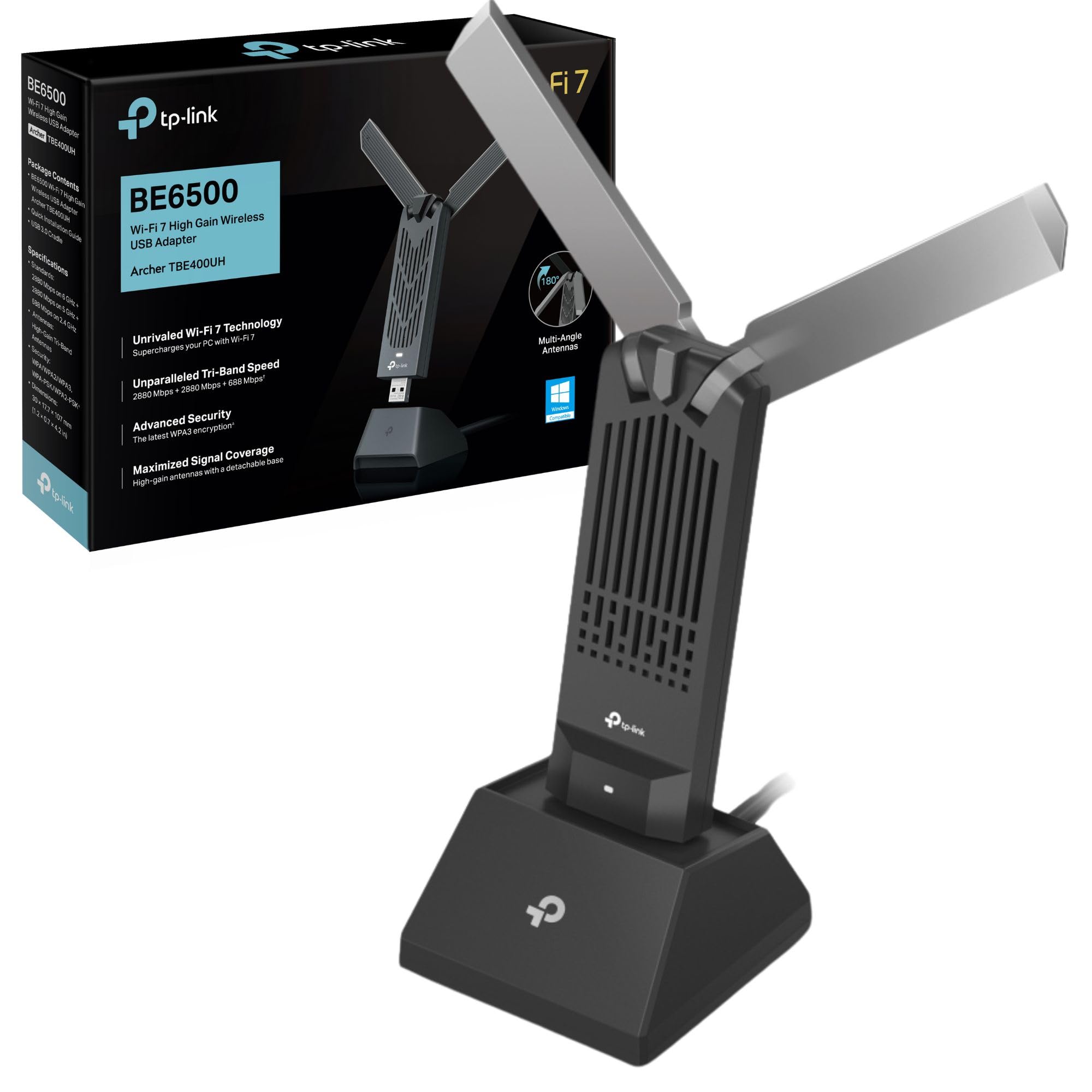 BE6500 Wi-Fi 7 High Gain Wireless USB Adapter, Tri-Band, MLO, Broader Coverage,OFDMA, MU-MIMO and Multi-RU, Data transfers of up to 4.8Gbps with USB 3.0, Flexible & Easy Installation (Archer TBE400UH