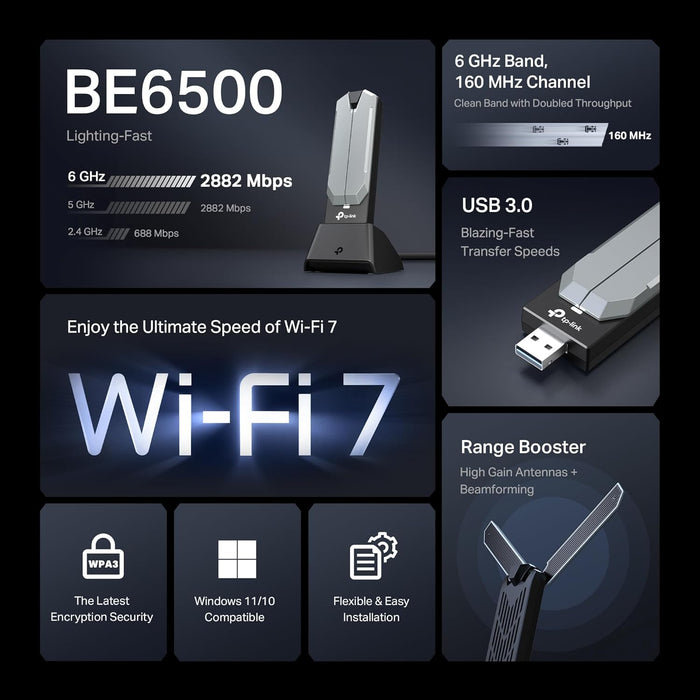 BE6500 Wi-Fi 7 High Gain Wireless USB Adapter, Tri-Band, MLO, Broader Coverage,OFDMA, MU-MIMO and Multi-RU, Data transfers of up to 4.8Gbps with USB 3.0, Flexible & Easy Installation (Archer TBE400UH