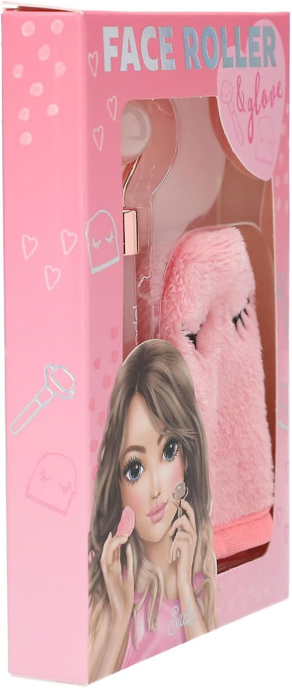 Depesche 13508 TopModel - Gezichtsrollerset Beauty and Me, met rozenkwarts roller en zachte washandschoen in roze