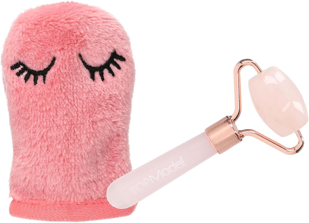 Depesche 13508 TopModel - Gezichtsrollerset Beauty and Me, met rozenkwarts roller en zachte washandschoen in roze