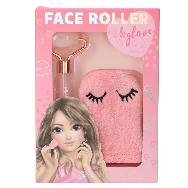 Depesche 13508 TopModel - Gezichtsrollerset Beauty and Me, met rozenkwarts roller en zachte washandschoen in roze