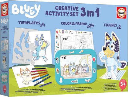 Educa - Set Creativo 3 en 1 Bluey con Tres Actividades: Pintar por números, creando 2 Figuras en 3D para Decorar y Dibujar Personajes de la Serie Bluey Mediante Plantillas. A Partir de 3 años (19887