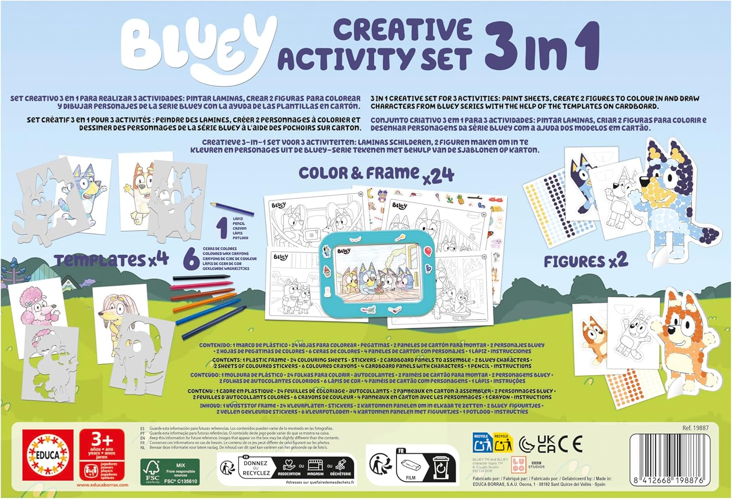 Educa - Set Creativo 3 en 1 Bluey con Tres Actividades: Pintar por números, creando 2 Figuras en 3D para Decorar y Dibujar Personajes de la Serie Bluey Mediante Plantillas. A Partir de 3 años (19887