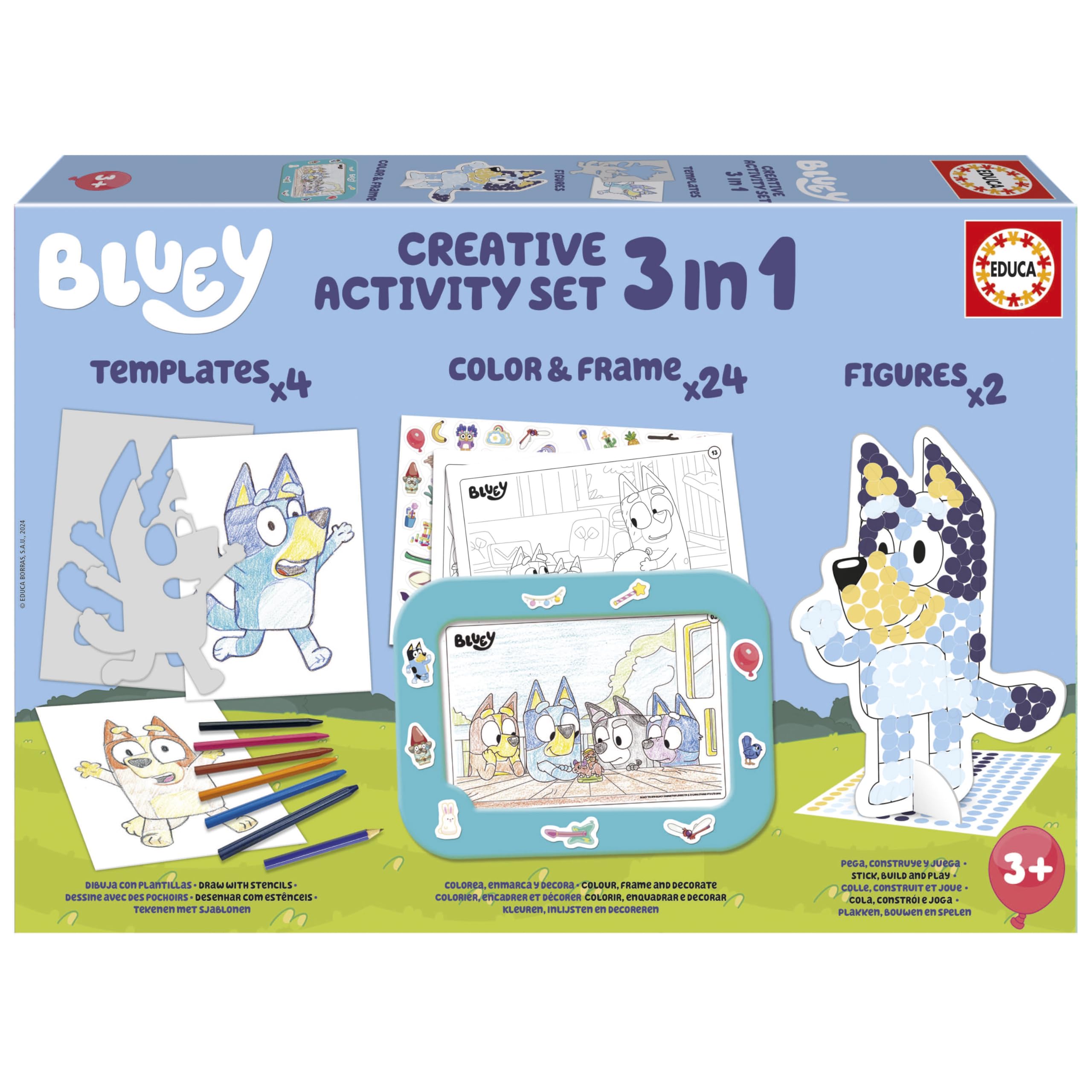 Educa - Set Creativo 3 en 1 Bluey con Tres Actividades: Pintar por números, creando 2 Figuras en 3D para Decorar y Dibujar Personajes de la Serie Bluey Mediante Plantillas. A Partir de 3 años (19887