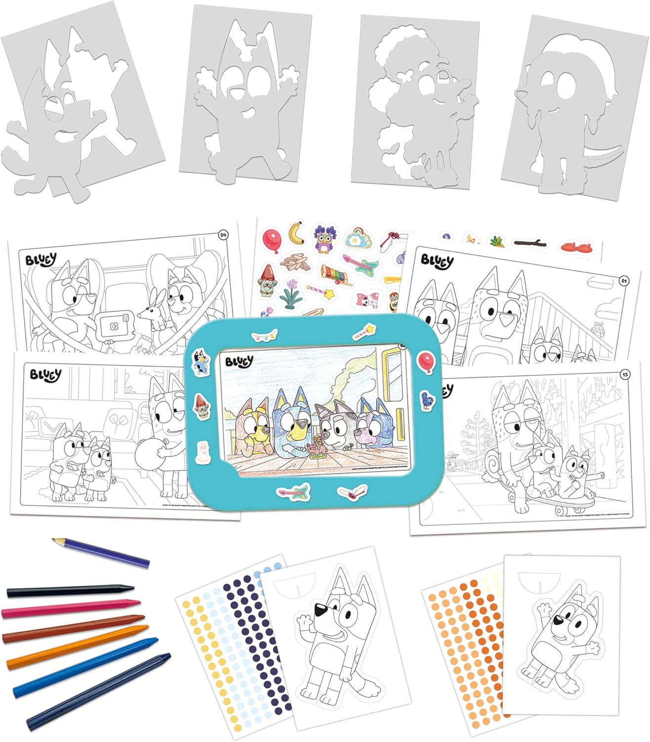 Educa - Set Creativo 3 en 1 Bluey con Tres Actividades: Pintar por números, creando 2 Figuras en 3D para Decorar y Dibujar Personajes de la Serie Bluey Mediante Plantillas. A Partir de 3 años (19887