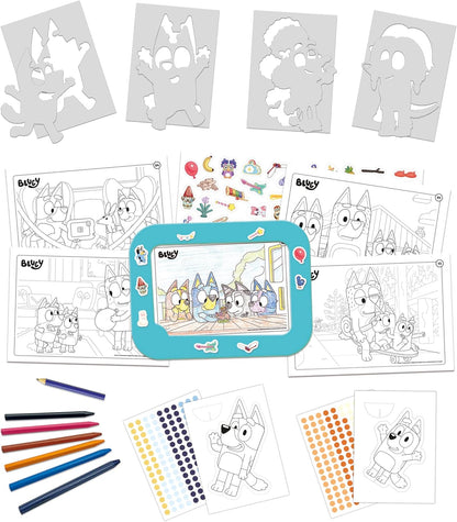 Educa - Set Creativo 3 en 1 Bluey con Tres Actividades: Pintar por números, creando 2 Figuras en 3D para Decorar y Dibujar Personajes de la Serie Bluey Mediante Plantillas. A Partir de 3 años (19887