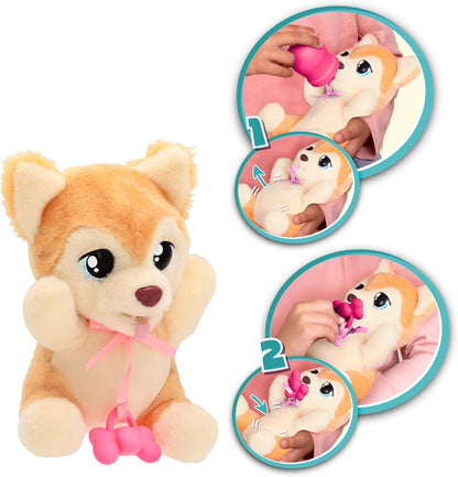 BABY PAWS Yummy Shiba Inu Interactive Plush Puppy to Carry Around Whose Belly Grows When Feeding and Gets Small with Dummy in Mouth - Gift and Toy for Children from 18 Months