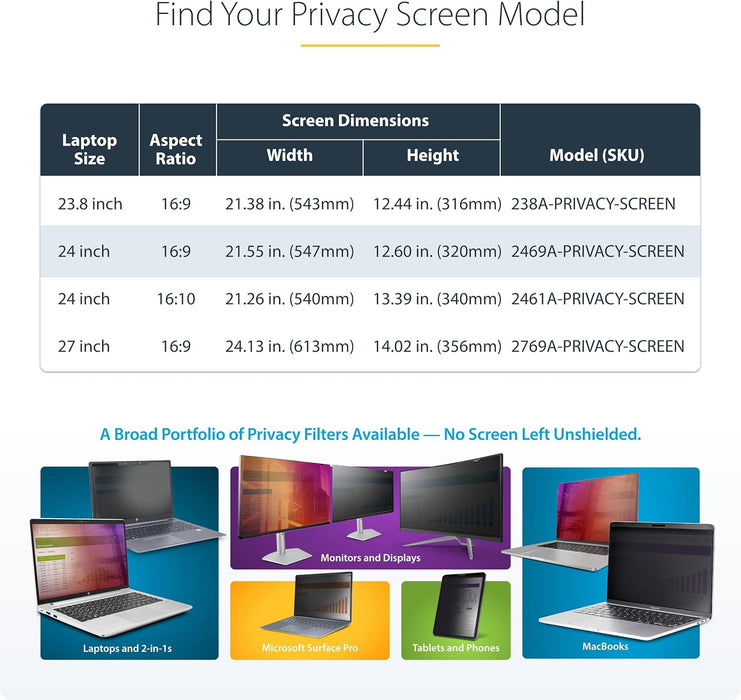 StarTech.com 24-inch 16:9 Computer Monitor Privacy Screen, Hanging Acrylic Filter, Monitor Screen Protector, +/- 30 Deg.