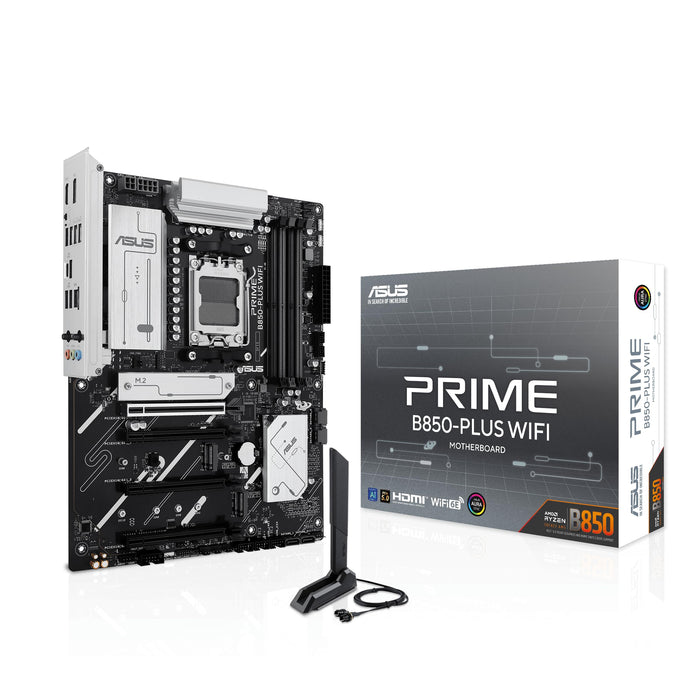 ASUS PRIME B850-PLUS WIFI, AMD ATX Motherboard, 8+2+1 Phase Power, DDR5 Slot, PCIe 5.0, 3 M.2 Slots, Wi-Fi 6E, Ethernet Realtek 2.5Gb, DisplayPort, HDMI, USB-A and USB-C 10Gbps, Aura Sync