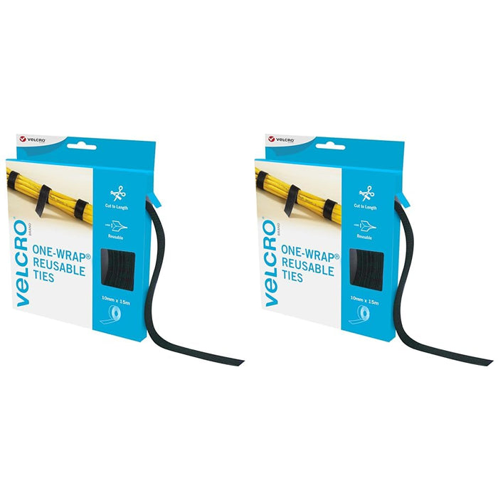 VELCRO Brand | One-Wrap Reusable Ties | Multi-Purpose Ties Perfect Desk Accessories for Cable Management & Home Improvement | Black | 10mm x 15m (Pack of 2