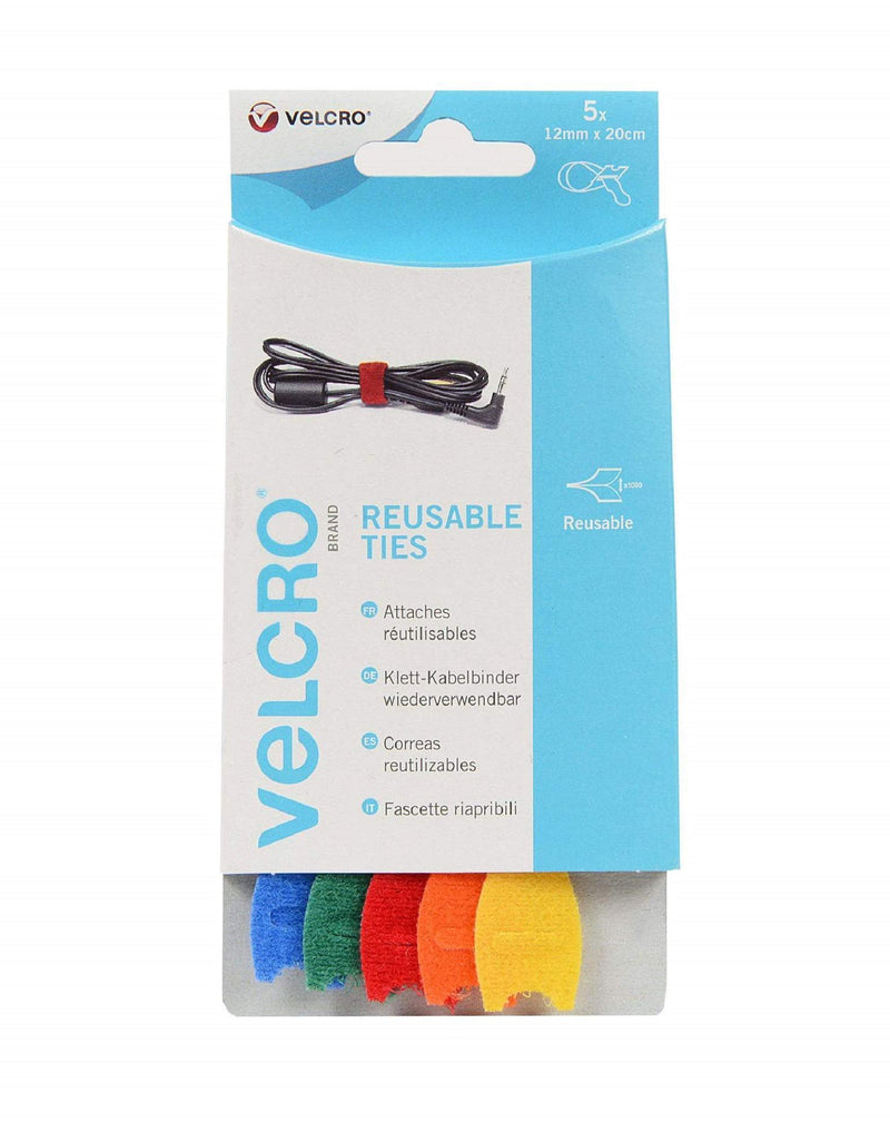 VELCRO Brand VEL60250 Velcro Adjustable Ties (5), Multi-Colour, 12mm x 20cm-5Pk, Set of 5 Pieces