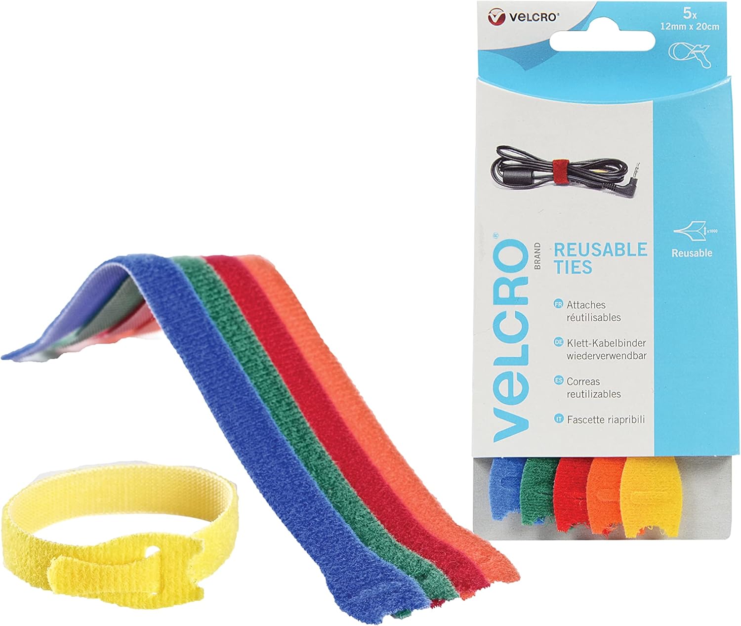 VELCRO Brand VEL60250 Velcro Adjustable Ties (5), Multi-Colour, 12mm x 20cm-5Pk, Set of 5 Pieces