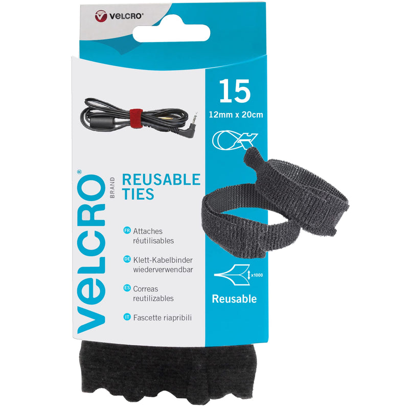 VELCRO Brand VEL-EC60466 ONE-WRAP Black 2mm x 20cm 15 Pack Organiser Hook and Loop Straps. Reusable Assortment Cable Ties for Home & Office Bundling, 12mm x 20cm-15Pk