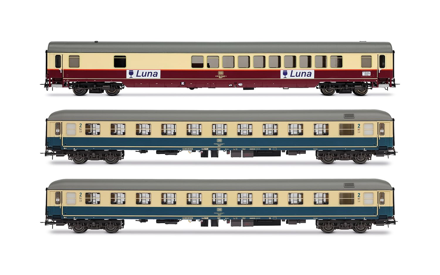 HR4349 Rivarossi DB, 3-unit pack night train "Luna", bar coach WGmh 854 in red-beige livery + 2 x Bcm 246 in ocean-blue livery, ep. IV Passenger Coaches