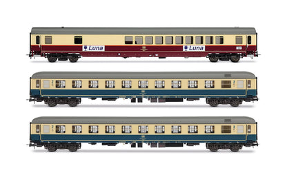 HR4349 Rivarossi DB, 3-unit pack night train "Luna", bar coach WGmh 854 in red-beige livery + 2 x Bcm 246 in ocean-blue livery, ep. IV Passenger Coaches