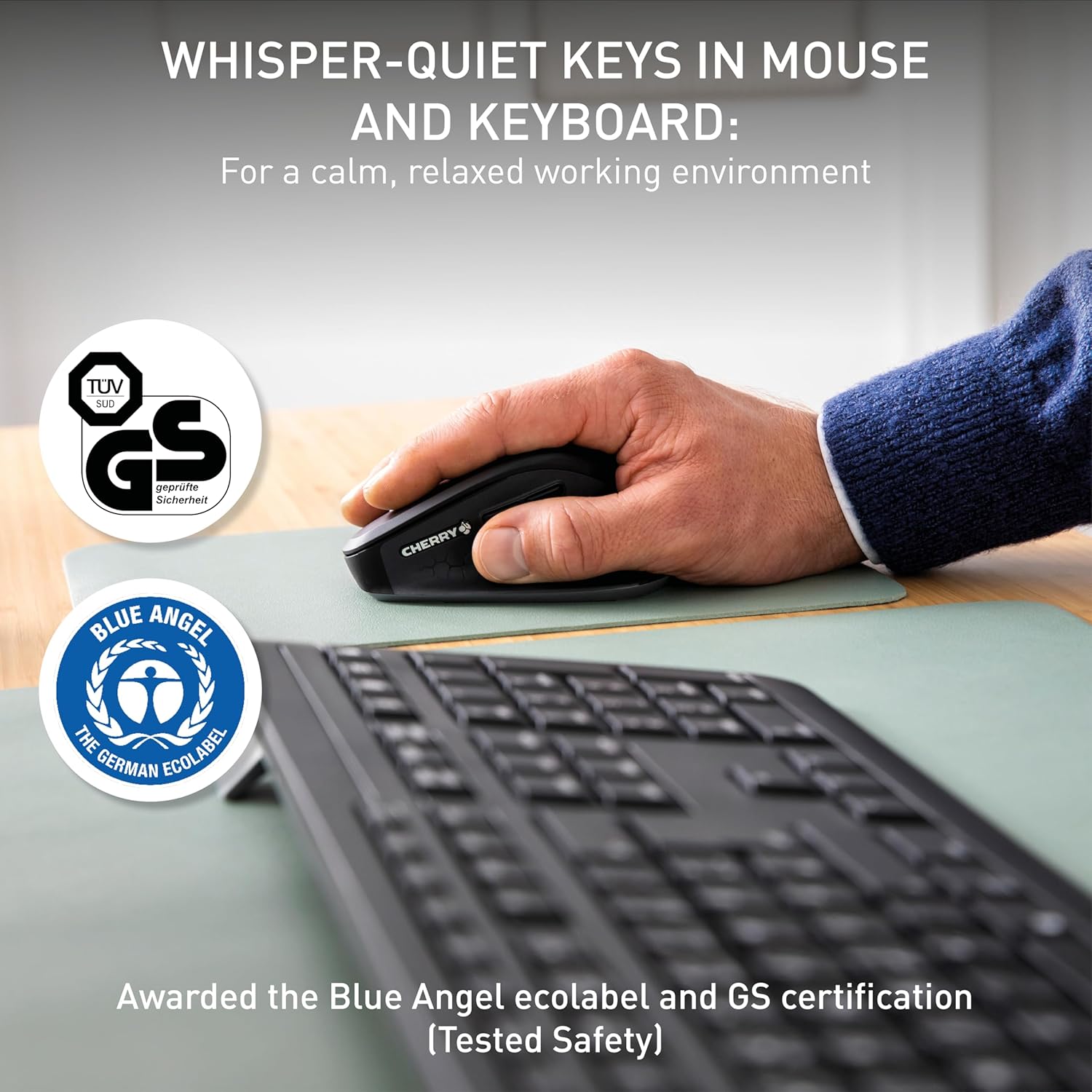 CHERRY STREAM DESKTOP COMFORT, Wireless Keyboard And Mouse Set, UK Layout (QWERTY), 2.4 GHz, Whisper-Quiet Keys, Ergonomic Right-Handed Mouse, Black