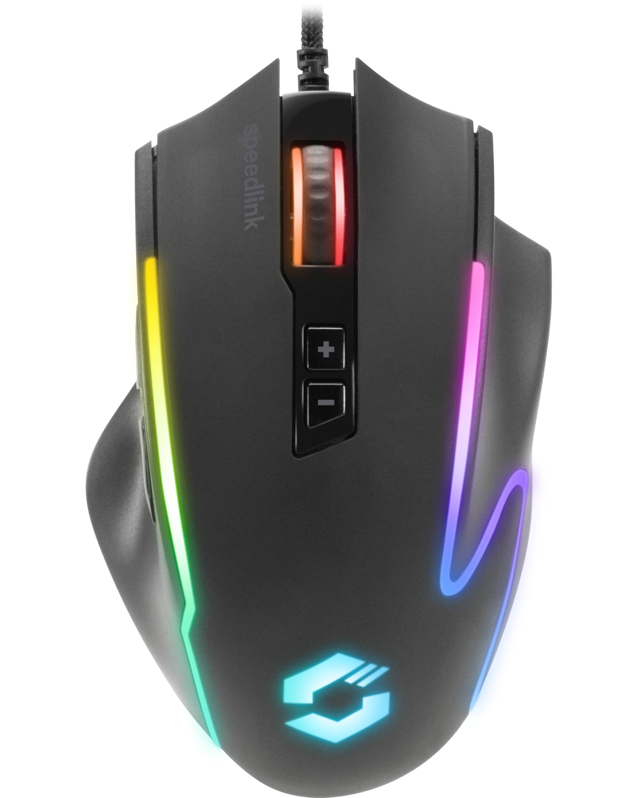 Speedlink DECUS NX Gaming Mouse - RGB gamingmuis met kabel, meerkleurige RGB-verlichting, continue vuurknop, tot 12800dpi, 1000Hz, programmeerbaar, bedraad via USB, ommantelde kabel, zwart