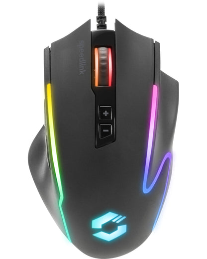 Speedlink DECUS NX Gaming Mouse - RGB gamingmuis met kabel, meerkleurige RGB-verlichting, continue vuurknop, tot 12800dpi, 1000Hz, programmeerbaar, bedraad via USB, ommantelde kabel, zwart