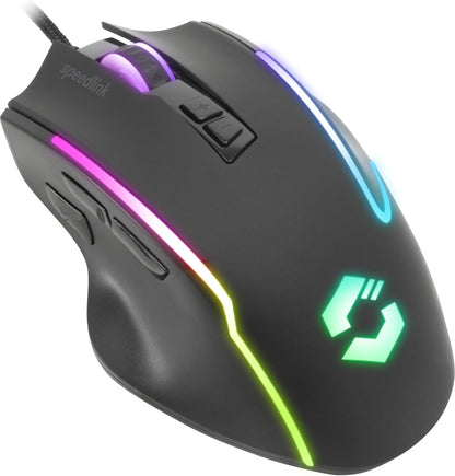 Speedlink DECUS NX Gaming Mouse - RGB gamingmuis met kabel, meerkleurige RGB-verlichting, continue vuurknop, tot 12800dpi, 1000Hz, programmeerbaar, bedraad via USB, ommantelde kabel, zwart