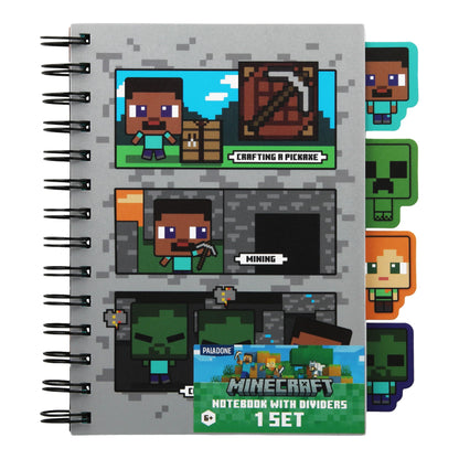 Paladone Minecraft Notebook Schreibwaren-Set für Jungen, offiziell lizenzierter A5 Spiral-gebundener Planer mit 4 Trennwänden und Lineal, Back to School Supplies