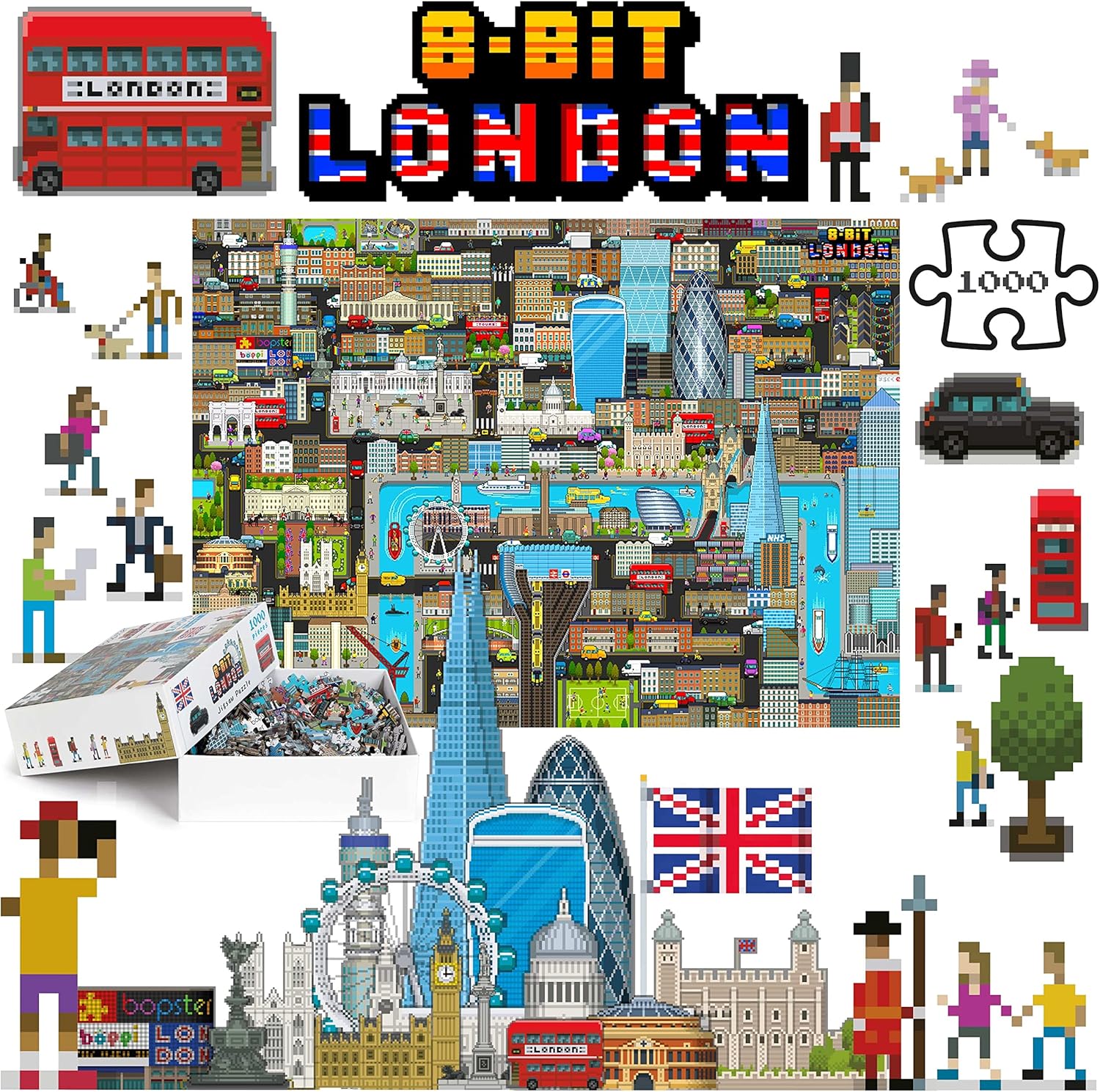 1000 Piece Jigsaw Puzzles for Adults - London Puzzle 8-bit Retro Style - Jigsaws 1000 Pieces for Adults - Made with 100% Recycled Cardboard - Level 3 by bopster