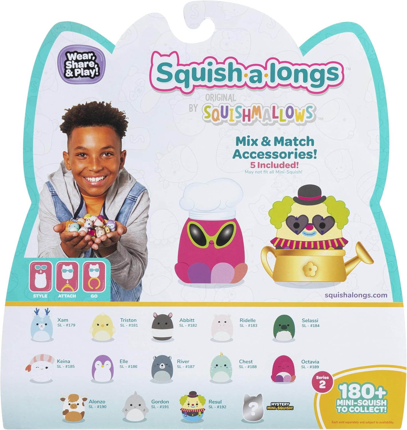 Squish-a-longs Paquete de 14 – Serie 1, Wave 2 – (14) Mini-Squish de 1 pulgada con (4) accesorios, (1) accesorio de anillo y (1) guía de coleccionista – Colecciona, intercambia y juega