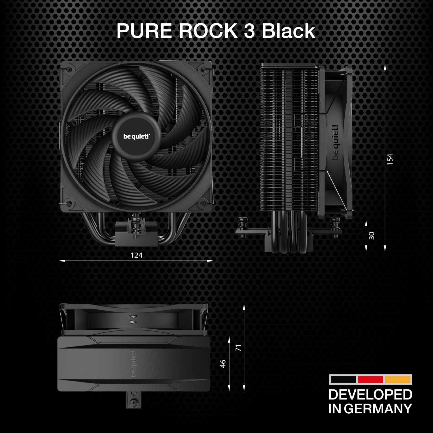 be quiet! Pure Rock 3 Black air cooler, very high cooling capacity, 4 high-performance 6mm heat pipes with HDT technology, Pure Wings 3 120mm PWM fan, elegant looks in an all-black design
