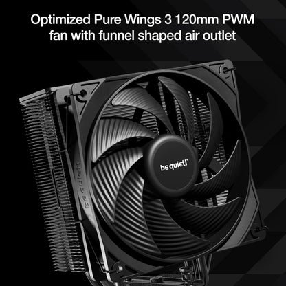 be quiet! Pure Rock 3 Black air cooler, very high cooling capacity, 4 high-performance 6mm heat pipes with HDT technology, Pure Wings 3 120mm PWM fan, elegant looks in an all-black design