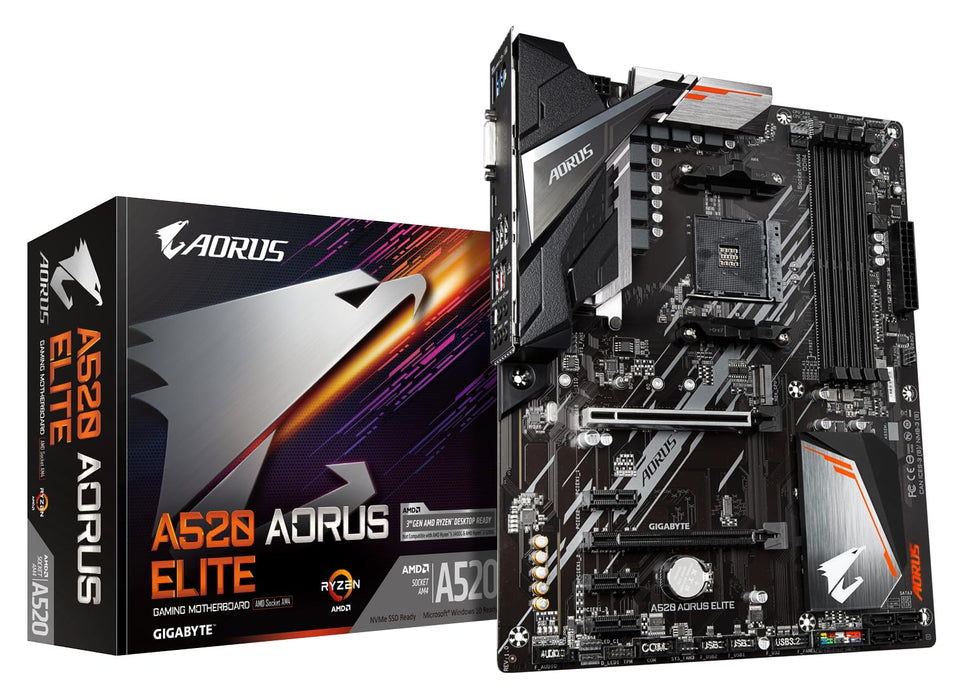 GIGABYTE A520 AORUS ELITE Motherboard - Unterstützt AMD Ryzen 5000 Serie AM4 CPUs, 5+3 Phasen Pure Digital VRM, bis zu 4733MHz DDR4 (OC), PCIe 3.0 x4 M.2, GbE LAN, USB 3.2 Gen2