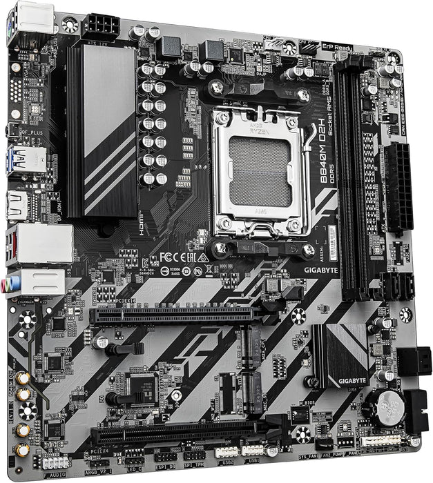GIGABYTE B840M D2H Motherboard - AMD Ryzen 9000 CPUs, 5+2+2 Phases VRM, up to 7600MHz DDR5, 1xPCIe 4.0 + 1xPCIe 3.0 M.2, 2.5GbE LAN, USB 3.2 Gen 1