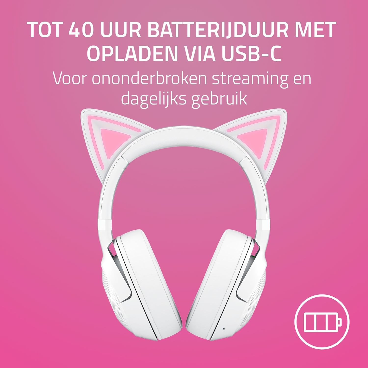 Razer Kraken Kitty V2 BT - Draadloze Bluetooth RGB Headset met Kitty-oortjes voor gamen en streamen (325g, TriForce 40mm Drivers, Bluetooth 5.2, ruisonderdrukkende microfoons) Wit