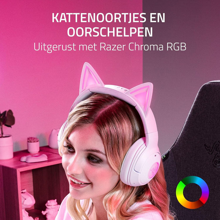 Razer Kraken Kitty V2 BT - Draadloze Bluetooth RGB Headset met Kitty-oortjes voor gamen en streamen (325g, TriForce 40mm Drivers, Bluetooth 5.2, ruisonderdrukkende microfoons) Wit