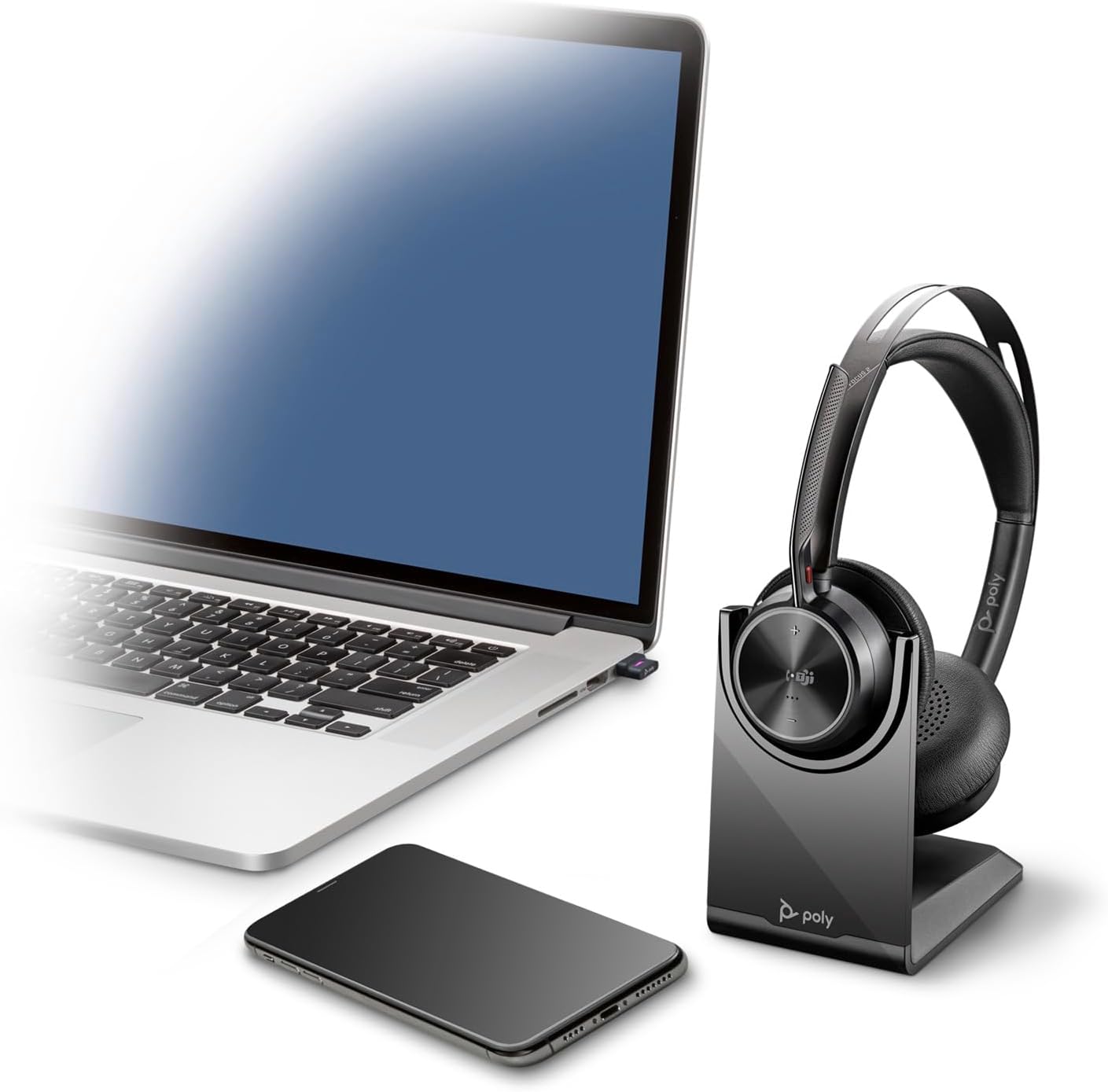 POLY Voyager Focus 2 UC Wireless Headset w/Microphone & Charge Stand - Compatible with PCs via included BT700 Bluetooth adapter or via USB cable; - Connect PC/Mac/Mobile via Bluetooth Black