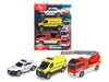 Dickie Toys 203712015018-3-Pack Danish Rescue Vehicles - SOS Team Danish Disaster Protection Ambulance, Fire Engine and Police Car with Freewheel, from 3 Years