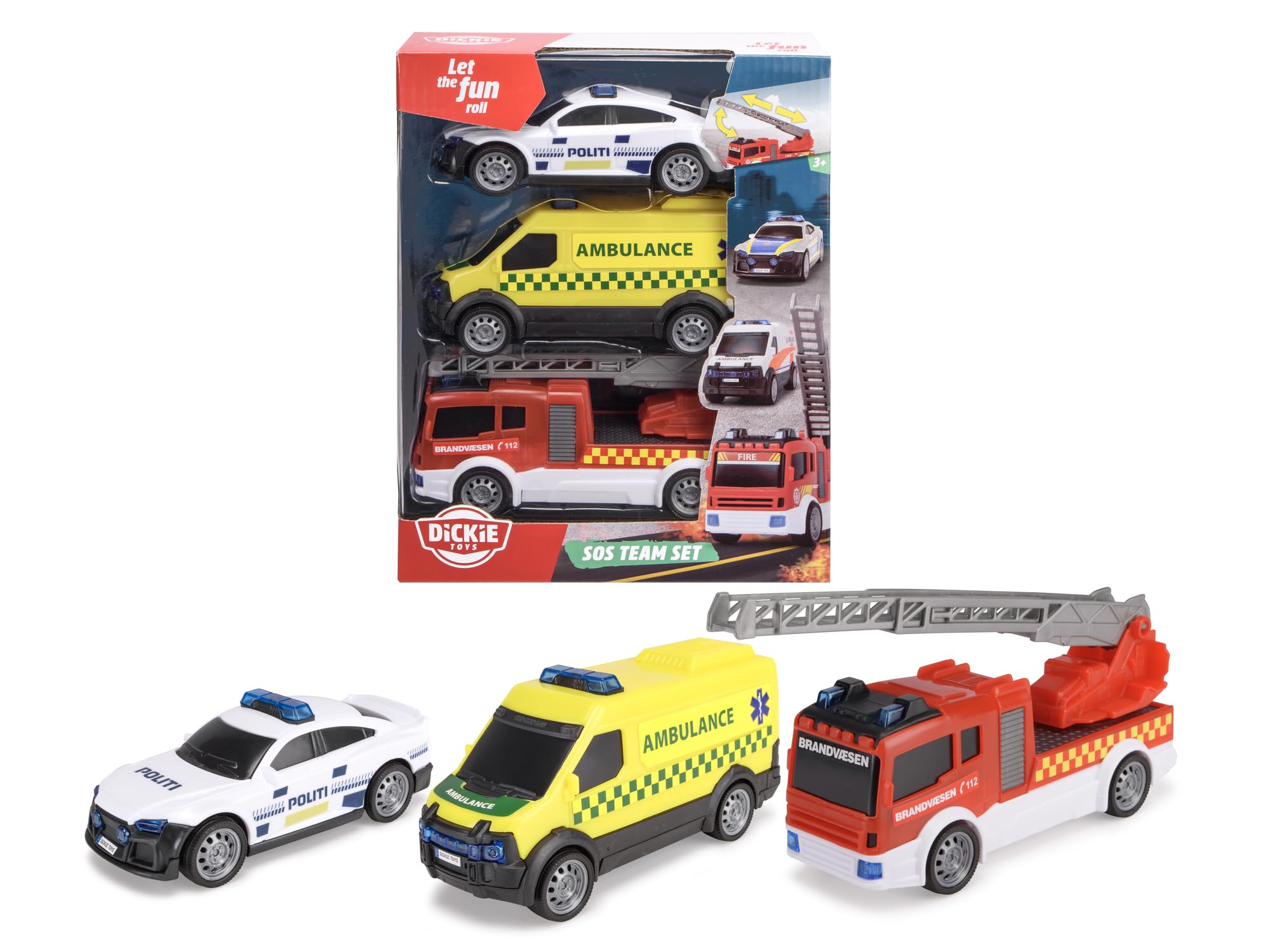 Dickie Toys 203712015018-3-Pack Danish Rescue Vehicles - SOS Team Danish Disaster Protection Ambulance, Fire Engine and Police Car with Freewheel, from 3 Years