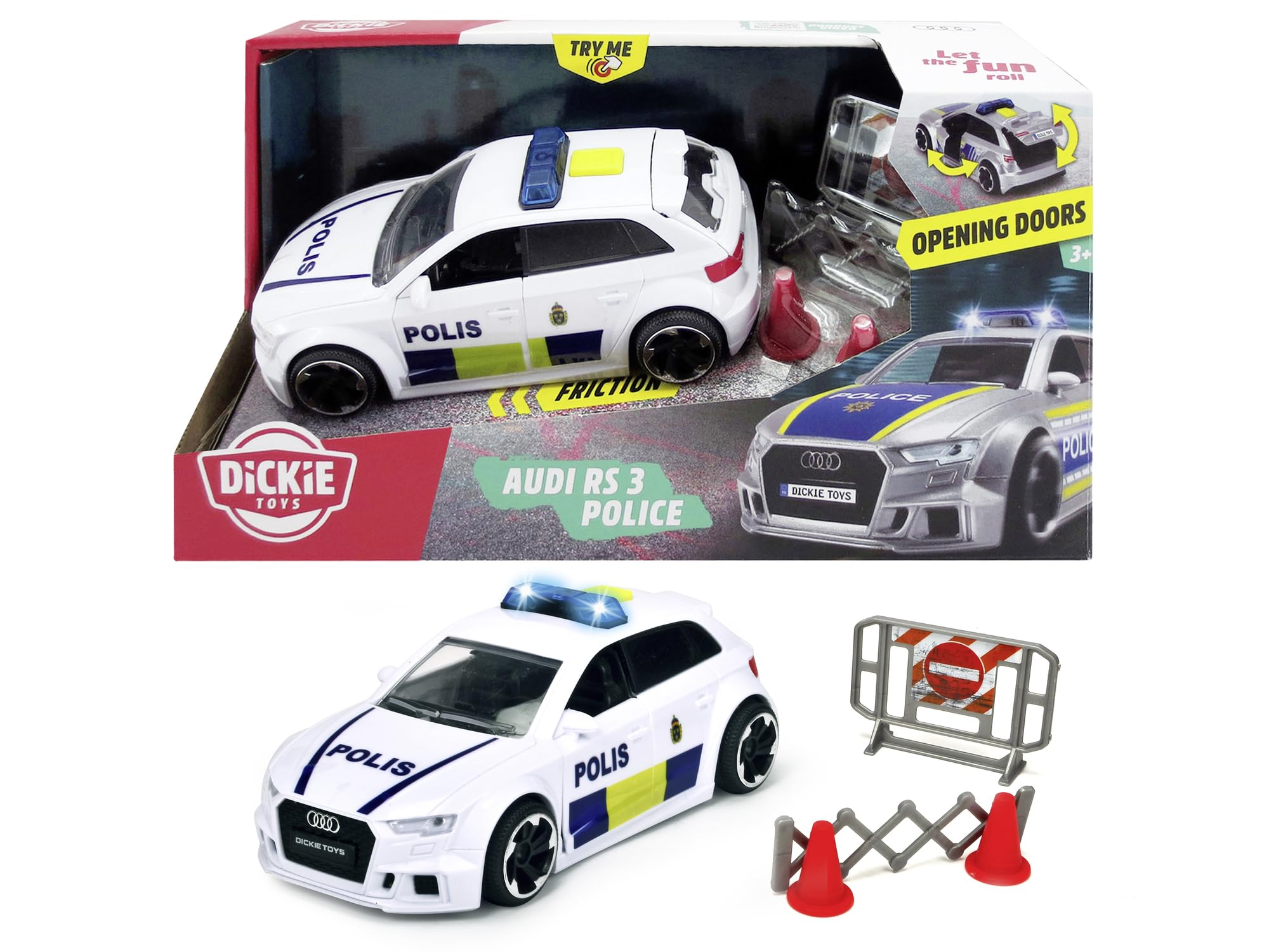 Dickie Toys 203713016033 - Audi RS3 Swedish Police Car - Audi RS3 Police Car Friction Motor, Sound, Light and Opening Doors, Swedish Version, 15 cm, from 3 Years