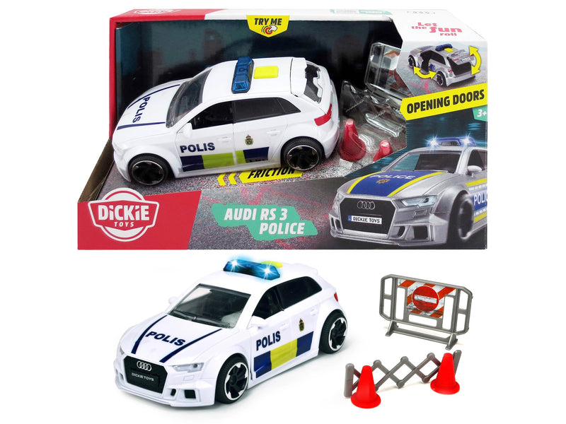 Dickie Toys 203713016033 - Audi RS3 Swedish Police Car - Audi RS3 Police Car Friction Motor, Sound, Light and Opening Doors, Swedish Version, 15 cm, from 3 Years