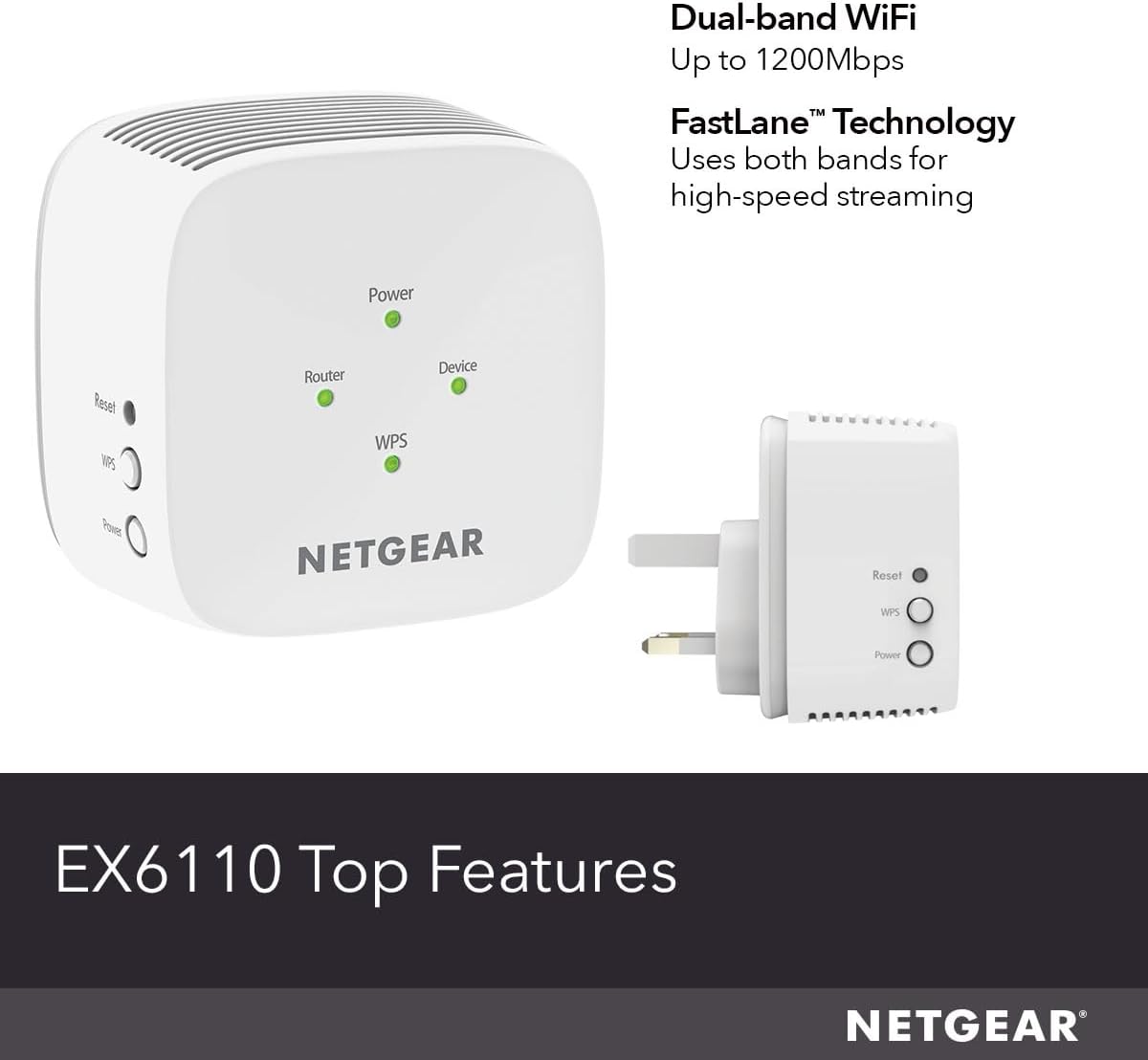 NETGEAR WiFi Extender Booster, Range Extender, WiFi Repeater - Boost Network Coverage & Increase WiFi Speed To 1.2 Gbps, Easy Setup, Compact Design, Ethernet Port (EX6110) White