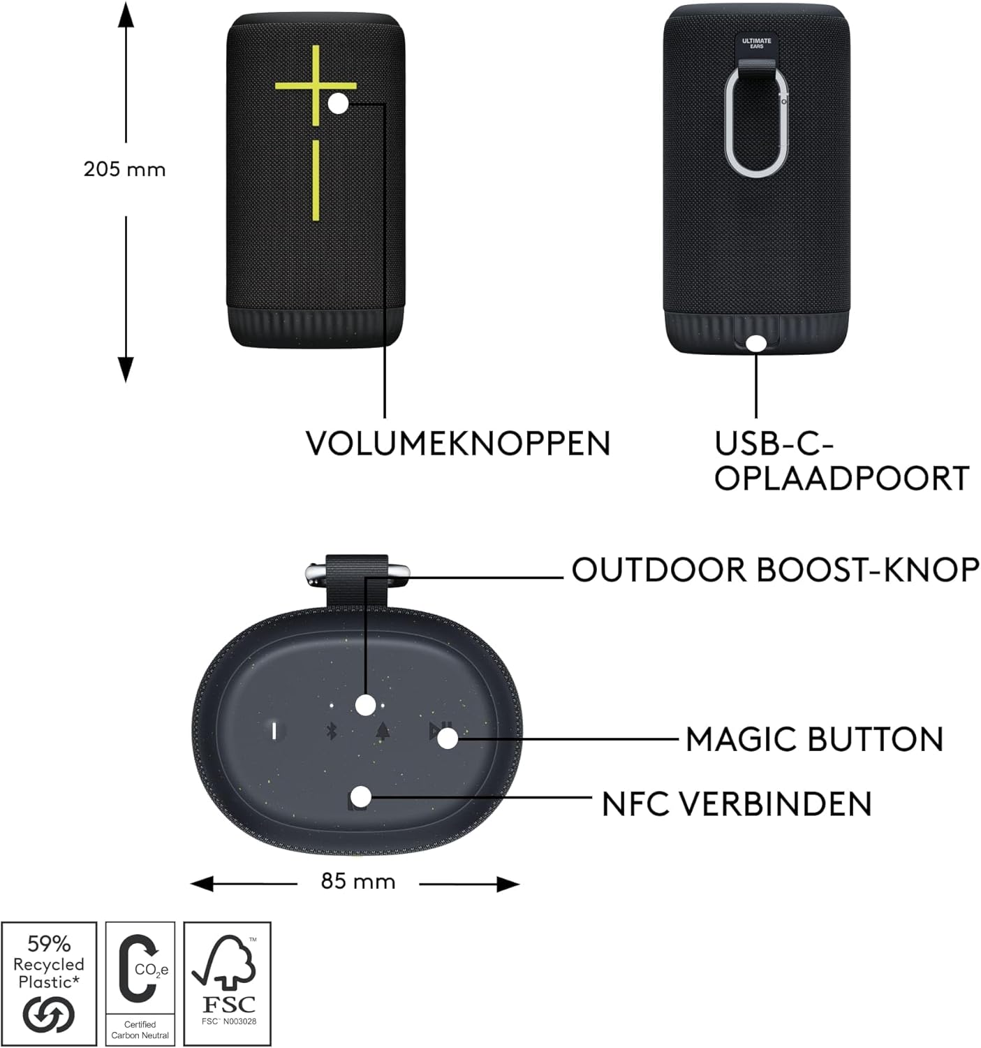 Ultimate Ears EVERBOOM Wireless Bluetooth Portable Speaker, Big Bass and Immersive 360-Degree Sound, Floatable Waterproof Speaker IP67, up to 20-Hour Battery and 55 m (180 ft) Range - Black, ULTIMATE EARS EVERBOOM, draagbare, draadloze Bluetooth speaker,