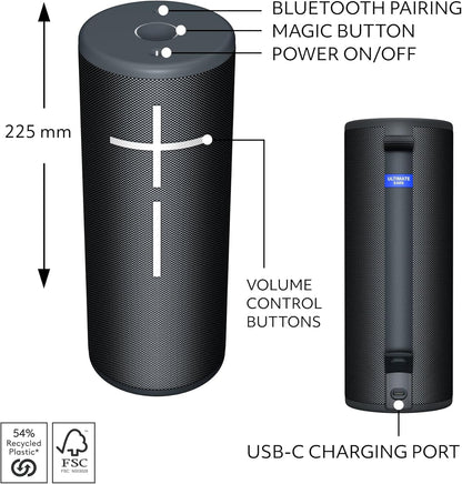 Ultimate Ears MEGABOOM 4 Portable Waterproof Bluetooth Speaker With Powerful 360-Degree Sound and Thundering Bass, Floating Speaker With 20-Hour Battery and 45 m (147 ft) Range - Black