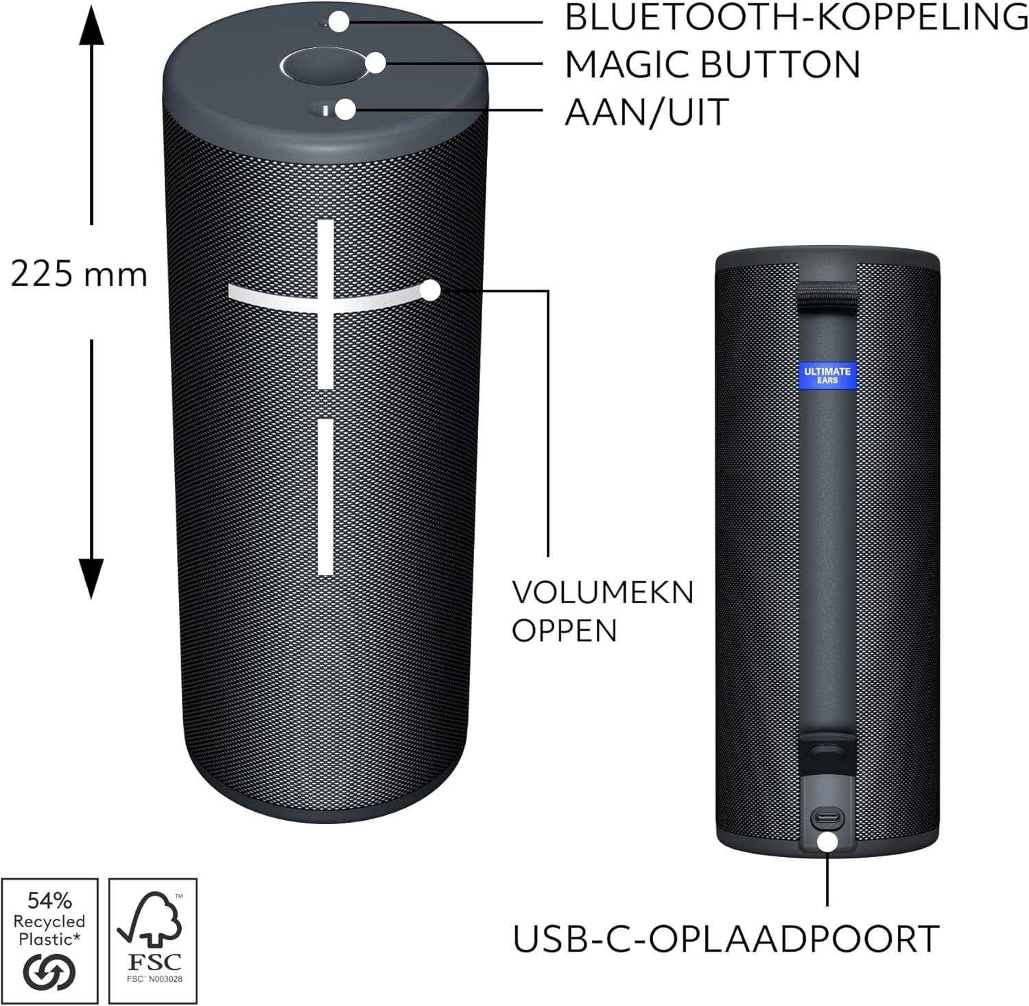 Ultimate Ears MEGABOOM 4 draagbare, waterdichte Bluetooth-speaker met krachtig 360-graden geluid en denderende bass, drijvende speaker met batterijduur van 20 uur en bereik van 45m - Zwart, Ultimate Ears MEGABOOM 4 Portable Waterproof Bluetooth Speaker Wi